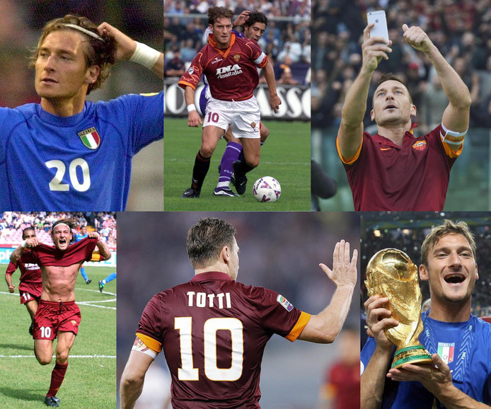 Francesco Totti lo largo de los años.  Las agujas del reloj desde la parte superior izquierda: en 2000 en el Campeonato de Europa en 1999, en 2015 después de un gol contra la Lazio archirrival, como campeón del mundo con Italia en 2006, en 2016 y después de un gol contra el Nápoles en 2001.
