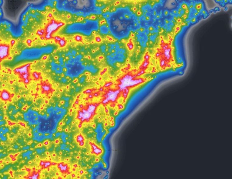 Lichtvervuiling aan de oostkust van de VS.