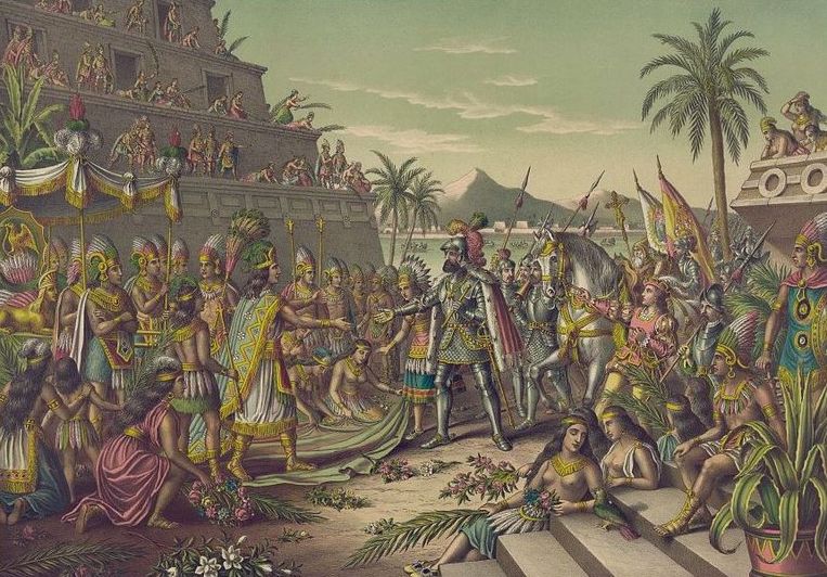 De eerste ontmoeting tussen de Spaanse overheerser Hernan Cortez en de Azteekse leider Moctezuma.
