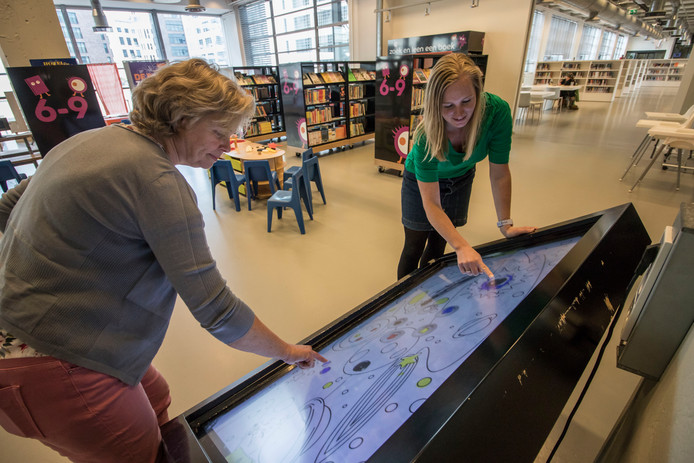 Anja Roijakkers (l) van kinderopvang Dikkie & Dik en Nicole Schilders, mediacoach van de bibliotheek.