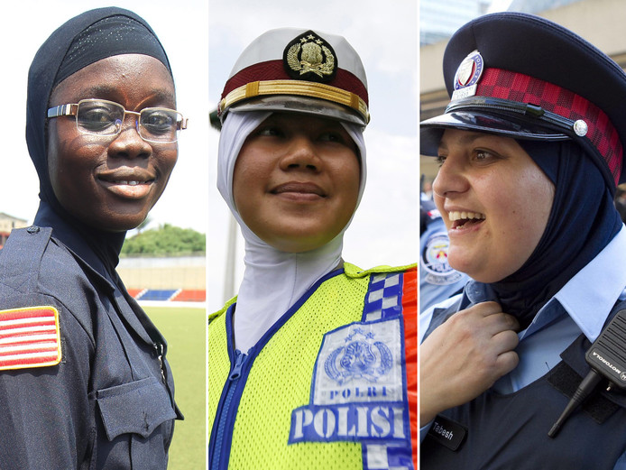 In andere landen is het volstrekt normaal dat agenten een hoofddoekje dragen. Op de foto hierboven agentes uit Liberië (l), Indonesië (m) en Canada (r).