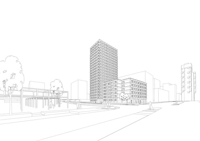 Schetsje van Talent Square 2, links de entree van het Spoorpark, rechts de Stadsheer.
