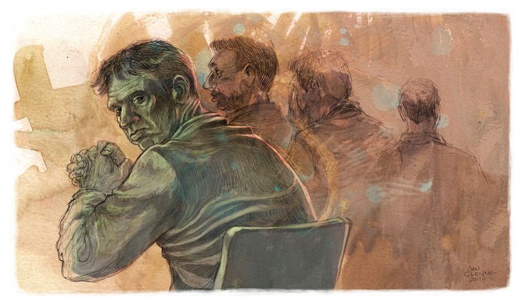 Willem Holleeder tijdens een zitting in de extra beveiligde bunker in Osdorp. Beeld Jan Cleijne