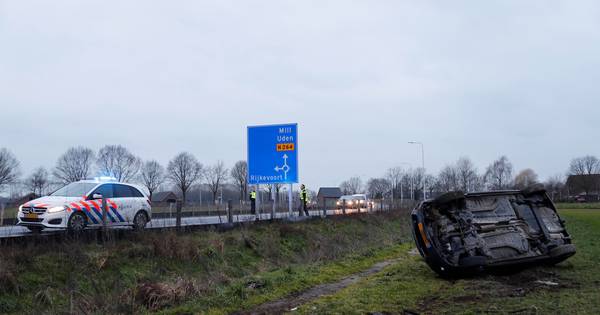 Auto raakt van de weg en belandt in weiland