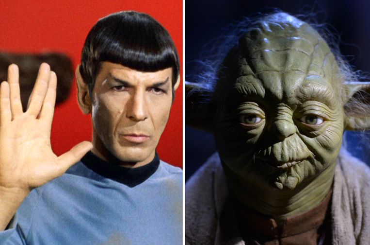 Spock (L), het personage uit de televisieserie Star Trek en Yoda (R) van de Star Wars-saga. 