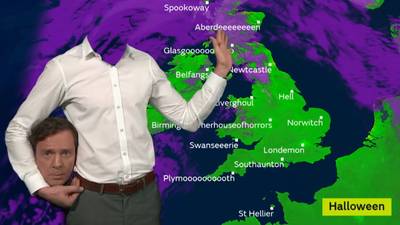 Onthoofde weerman brengt spookachtig weerbericht