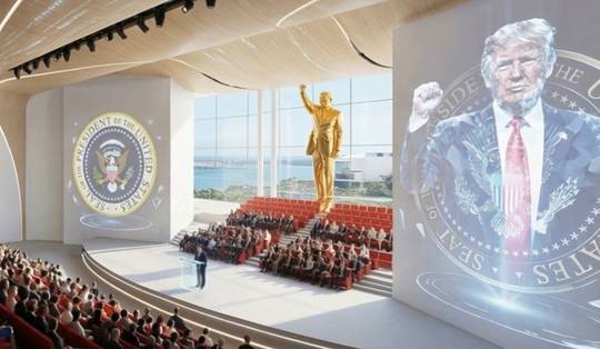 Een immense wolkenkrabber, de Air Force One en een gouden standbeeld: Trump deelt eerste beelden van hoe zijn presidentiële bibliotheek er moet gaan uitzien