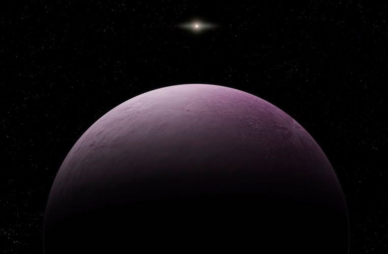 Een artistieke impressie van de rozige dwergplaneet ‘Farout’