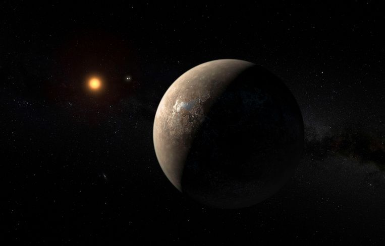 De planeet Proxima b cirkelend rond Proxima Centauri.