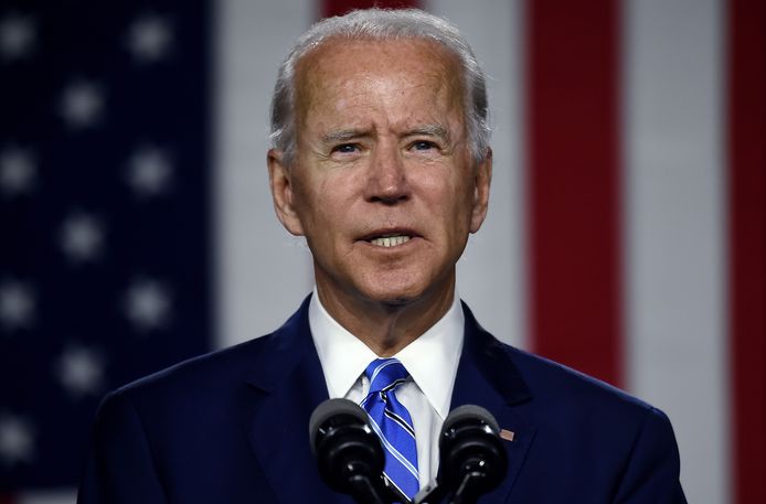 (FILES) In this file photo taken on July 13, 2020 Democratic presidential candidate and former Vice President Joe Biden speaks at a  "Build Back Better" Clean Energy event at the Chase Center in Wilmington, Delaware. - Donald Trump has 100 days from Sunday to save his presidency as America tries to avoid a collective nervous breakdown ahead of one of the most divisive, tension-filled elections in US history. (Photo by Olivier DOULIERY / AFP)