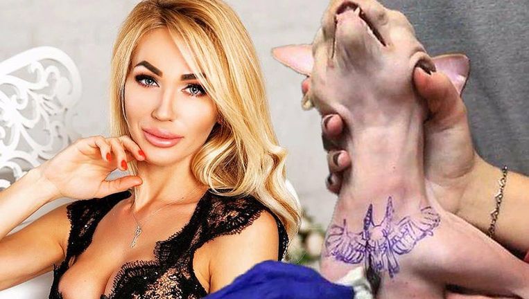 Elena liet een tattoo van een Egyptische god bij haar naaktkat zetten.