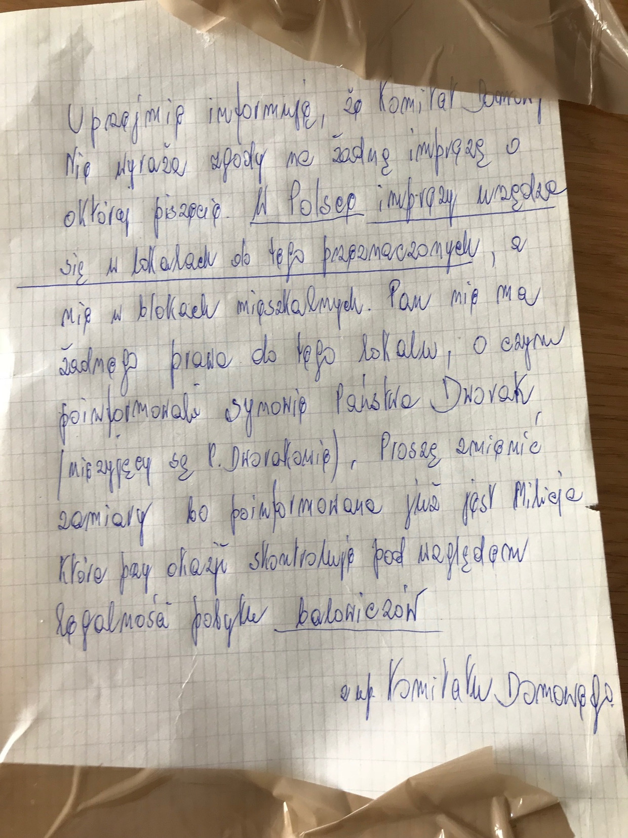 Brief waarin gedreigd wordt met de ‘milicja’.