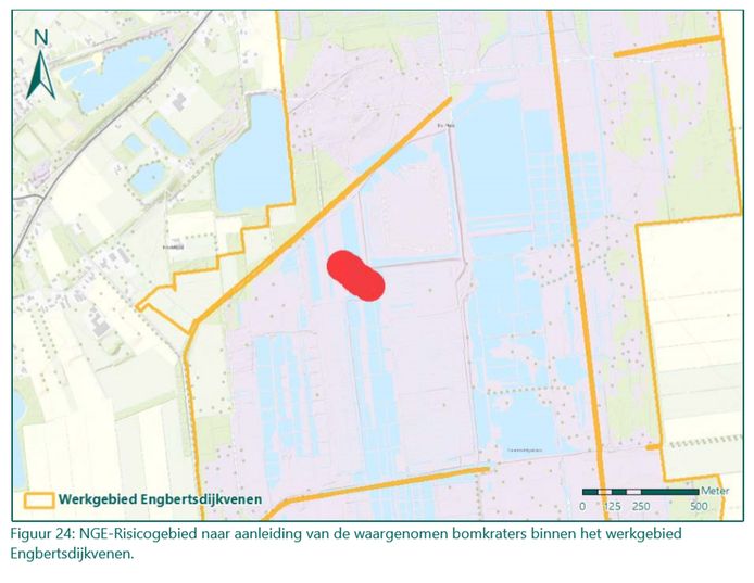 In het rode gebied vielen de vijf bommen.