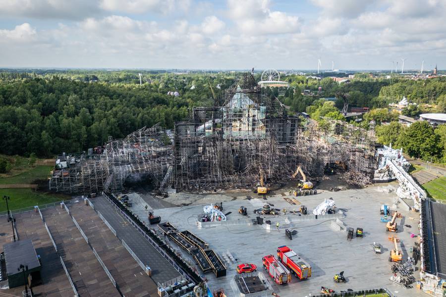 This aerial drone image shows  the festival site after yesterday's fire at the Tomorrowland electronic music festival on Thursday 17 July 2025, in Boom. Yesterday a fire destroyed the main stage of the festival site at the 'De Schorre' terrain in Boom, where the first day is programmed tomorrow. BELGA PHOTO STRINGER / © BELGA