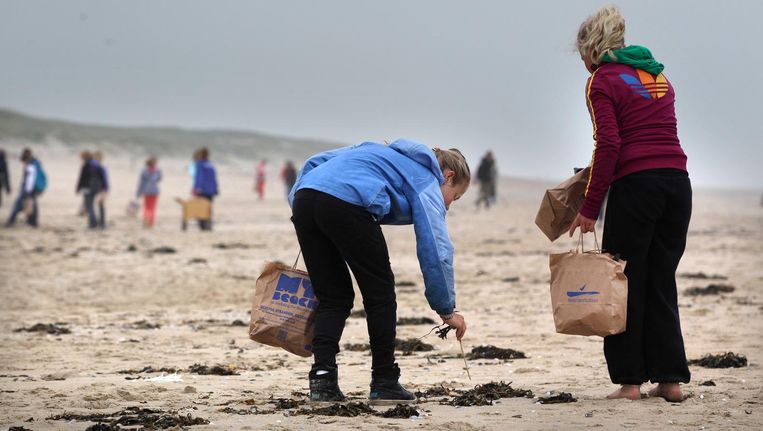 Basisschoolleerlingen ruimen het strand op van Texel. Beeld anp