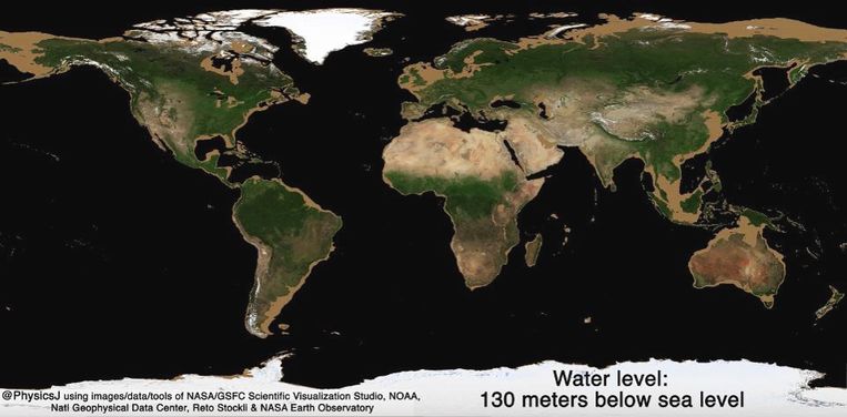 20.000 jaar geleden lag de zeespiegel 130 meter lager, waardoor mensen van Europa naar het Verenigd Koninkrijk konden wandelen, of van Noord- naar Zuid-Amerika.