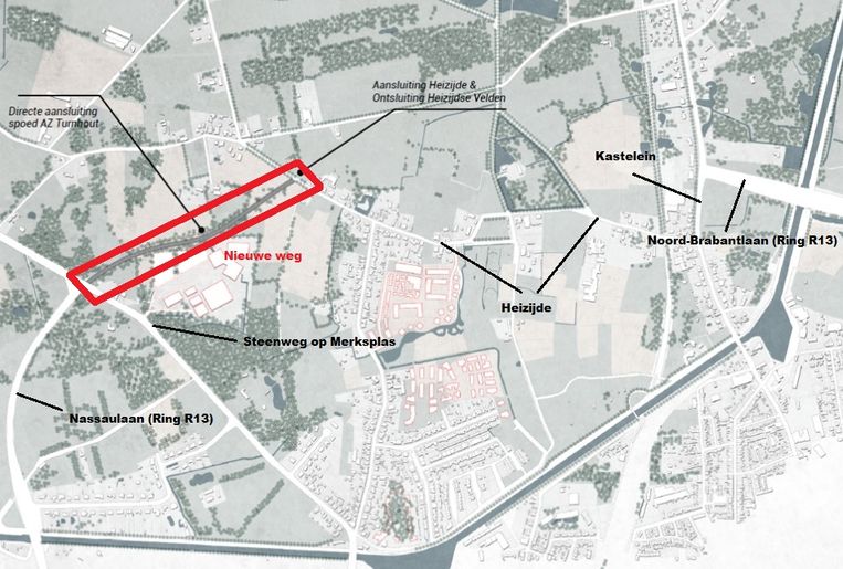 De nieuwe weg is aangeduid in het rood. Die zou van de Steenweg op Merksplas tot aan Heizijde lopen, met mogelijkheid tot aansluiting op de ziekenhuiscampus