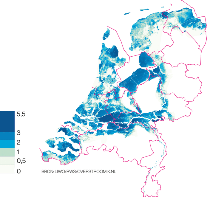 Hoe ver Nederland onder water zou staan als nu de dijken en duinen doorbreken.