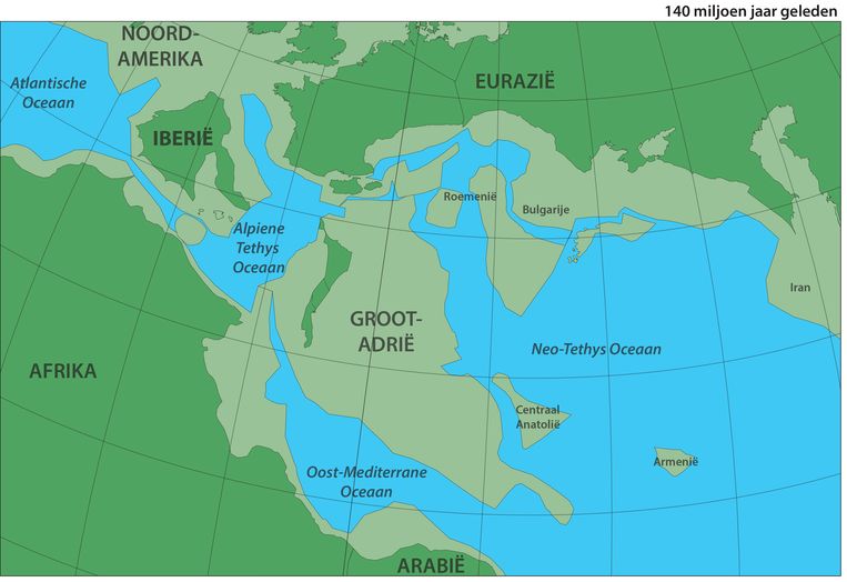 Groot Adrië botste 100 tot 120 miljoen jaar geleden met het zuiden van Europa.