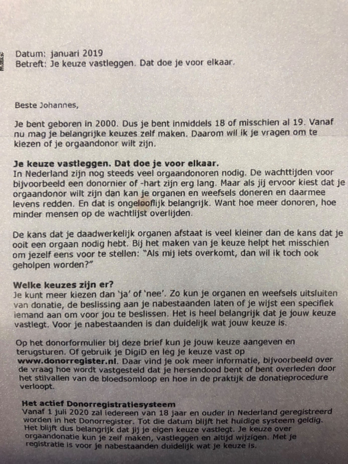 De donorbrief die minister Bruins recent heeft verzonden naar achttienjarigen.