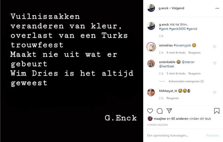Wonderbaar Anoniem Instagram-account maakt gedichten over Genk: “Genk is pure GC-83