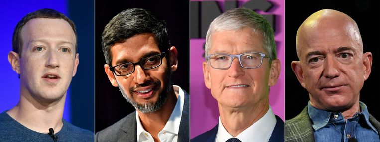 Mark Zuckerberg, Sundar Pichai, Tim Cook en Jeff Bezos