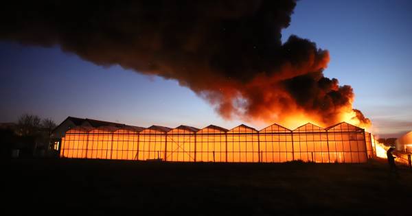 Grote brand in kassencomplex De Lier, rook in wijde omgeving te zien en ruiken.