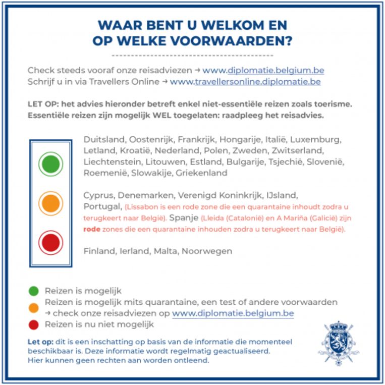 De aangepaste lijst met Europese landen en hun reisadvies.
